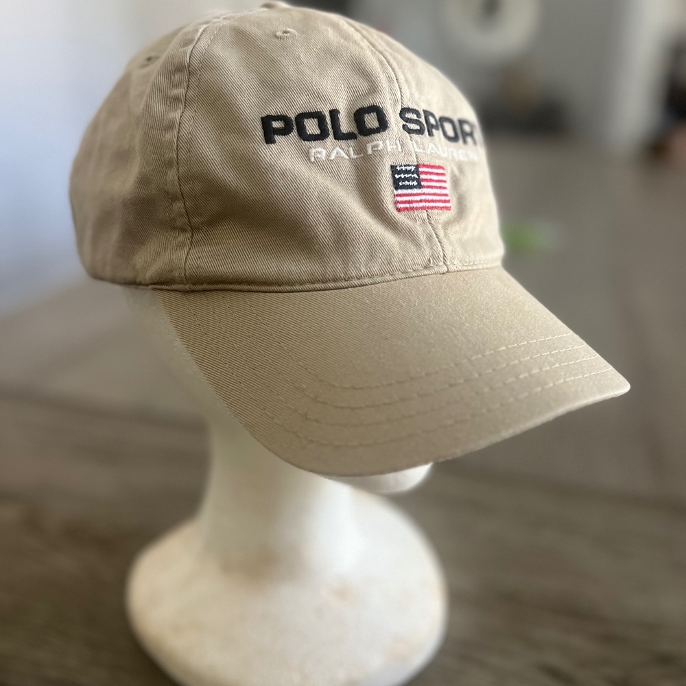 Polo Ralph Lauren Baseball Cap Tan Embroidered American Flag Made in USA